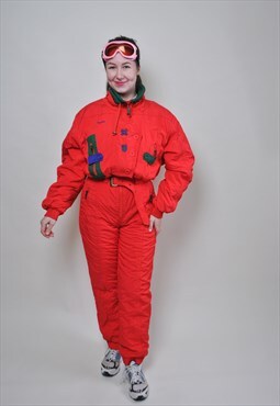 Women one piece ski suit, retro red full snow suit for her