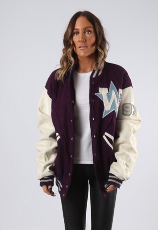 LEATHER WOOL BOMBER JACKET BASEBALL VARSITY UK 20 (BV4Q)