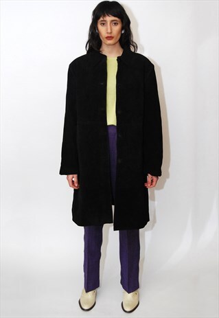 90S SUEDE COAT (2X) DUSTER BLACK BARN LEATHER BUTTON UP GOTH