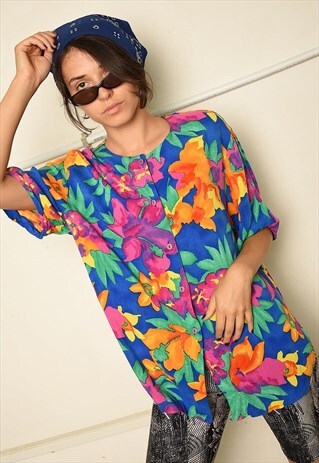VINTAGE 80S LOOSE-FITTING BLOUSE TOP WITH FLORAL PRINT