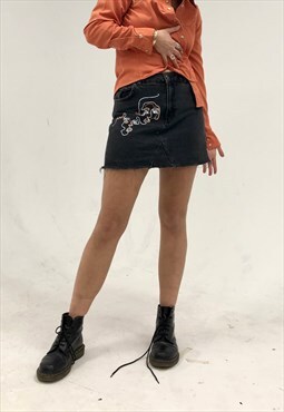 Reworked Black Denim Mini Skirt Face Print