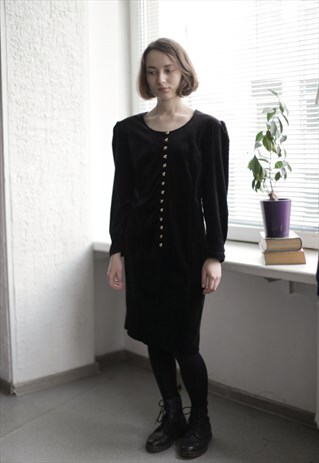 VINTAGE 80'S BLACK VELVET LONG SLEEVED DRESS