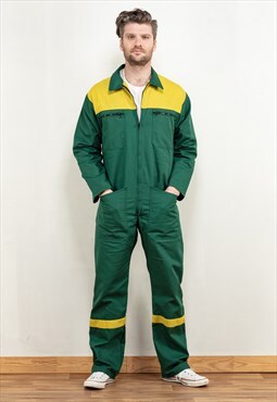 Vintage 80s Men Worker Overalls in Green and Yellow
