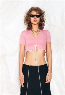 Vintage Y2K Reworked Coquette Top in Pink w Bow