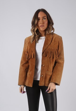 SUEDE LEATHER FRINGE TASSEL JACKET VINTAGE UK 10 (GWCX)