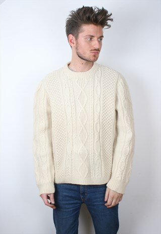 VINTAGE CHUNKY KNIT BEIGE ARAN WOOLLEN JUMPER