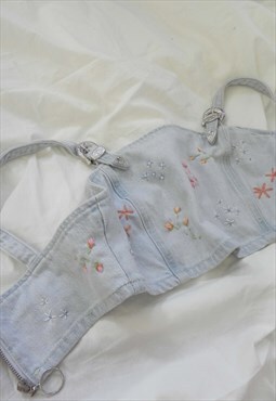 REWORKED Hand Embroidery Denim Western Floral Ditsy Crop Top