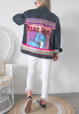 VINTAGE JEANS JACKET ETHNIC EMBROIDERY, ELEPHANTS