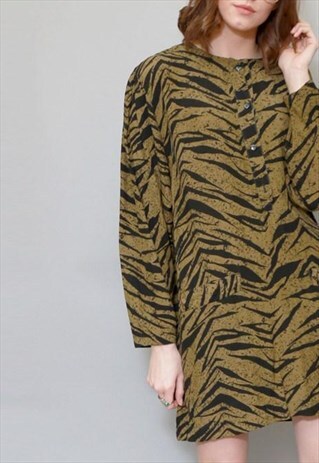 VINTAGE 1980'S GREEN & BLACK ZEBRA PRINT MINI DRESS