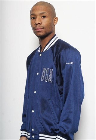 VINTAGE CHAMPION LOGO COLLEGE VARSITY BOMBER JACKET BLUE