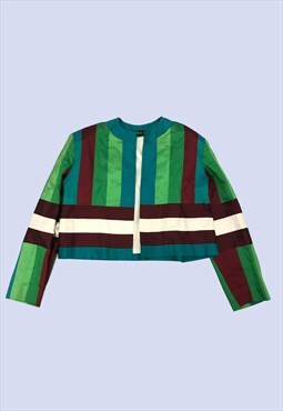 Green Striped Cropped Open Shoulder Pad Occasional Jacket