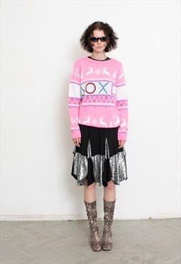 Vintage Y2K Christmas Sweater Scandinavian Kawaii Pink Jumpe