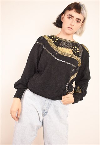 80'S RETRO SEQUINNED SHIMMER EMBROIDERED KNIT JUMPER