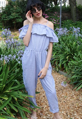 BLUE STRIPE COTTON BLEND LINEN JUMPSUITS BEACH HOLIDAY