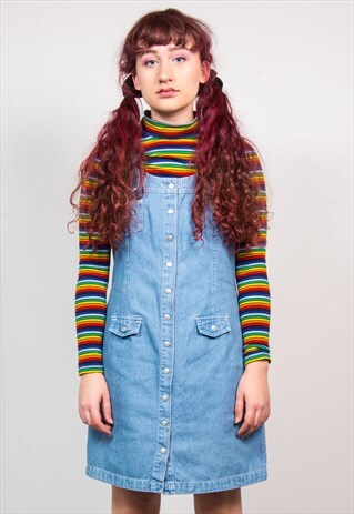 VINTAGE 90'S BLUE DENIM MINI PINAFORE DRESS