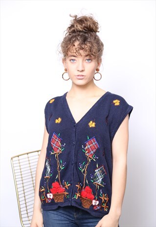 VINTAGE 90S AUTUMN EMBROIDERED JUMPER WAISTCOAT