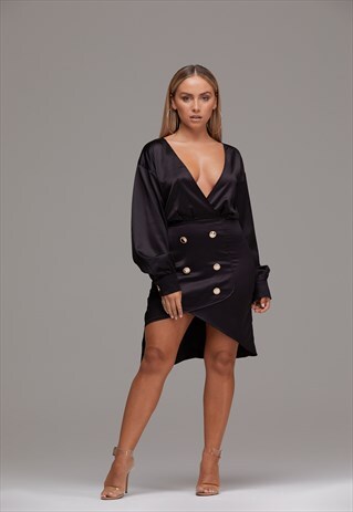 SATIN DRESS IN BLACK WITH GOLD BUTTONS