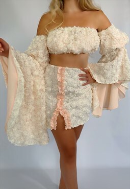Nina Cream 3D Floral Split Mini Skirt