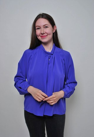 VINTAGE PUFF SLEEVE BLOUSE TIE COLLAR FORMAL BUTTON UP SHIRT