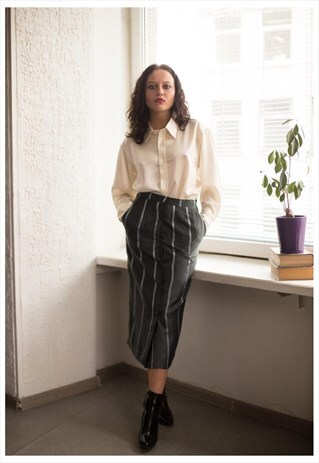 VINTAGE 90'S GREY STRIPED BUTTONS UP MIDI SKIRT
