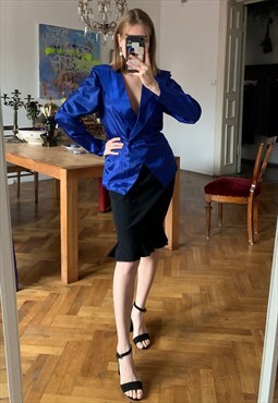 80's Women's Blue Silky Suit Jacket Blazer