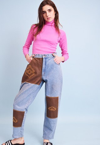 90'S RETRO HIGH WAIST LEATHER DETAILED OVERSIZED DENIM JEANS