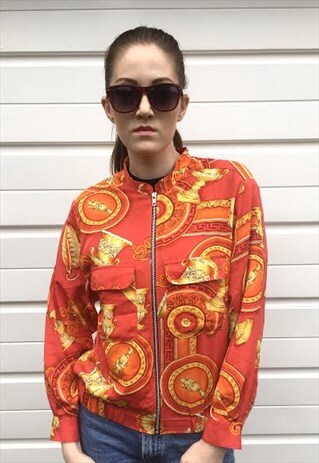 WOMENS VINTAGE BRIGHT RED & ORANGE PATTERNED ZIP UP JACKET