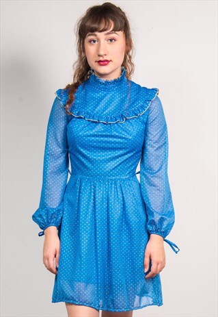 VINTAGE 80'S BLUE POLKA DOT PATTERN PARTY DRESS