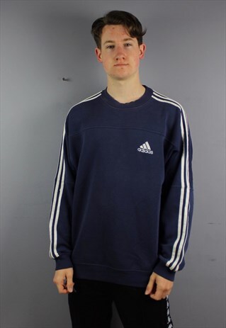 VINTAGE ADIDAS SWEATSHIRT IN NAVY WITH EMBROIDERED LOGOS. SI