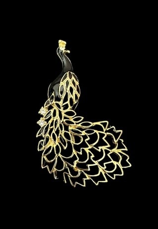 70's Vintage Peacock Gold Black Metal Enamel Brooch