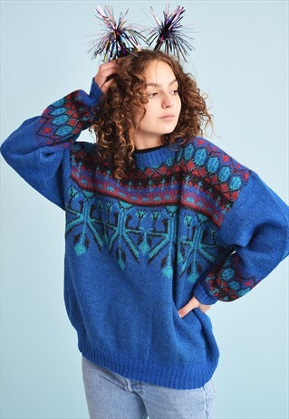 70'S RETRO FAIR ISLE WOOL CHUNKY KNIT CHRISTMAS JUMPER
