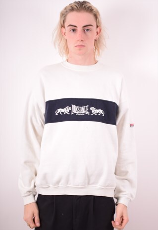 LONSDALE MENS VINTAGE SWEATSHIRT JUMPER MEDIUM WHITE 90S