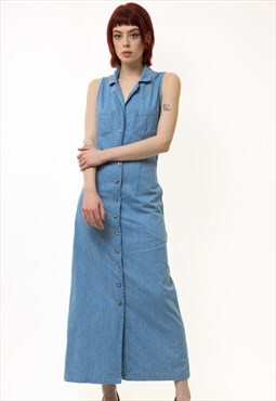 80s Vintage Blue Denim Casual Maxi Dress Button Front 5232