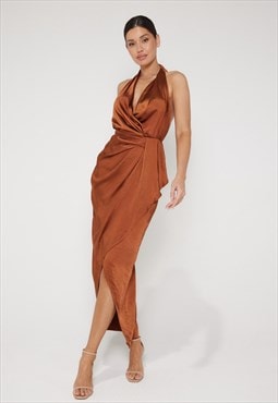 Amber Halter Neck Wrap Midi Dress - Rust