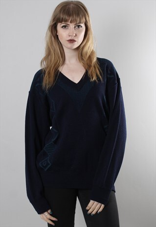 VINTAGE 80S BLUE PATTERNED WOOL BLEND JUMPER