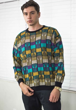 VINTAGE RETRO PATTERN JUMPER SWEATER LOGO 90S M 18.1