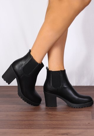BLACK PU LEATHER ELASTIC GUSSET ANKLE BOOTS