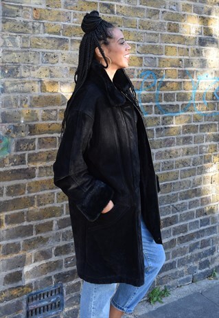VINTAGE 90S BLACK SUEDE AND FAUX FUR COAT