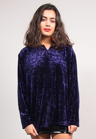 VINTAGE 90'S DARK PURPLE CRUSHED VELVET LONG SLEEVE TOP