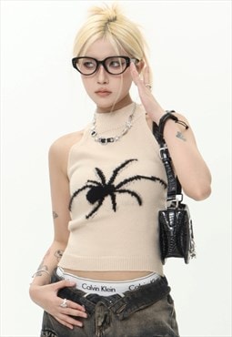 Spider patch crop top fluff jumper knitted tank top in cream