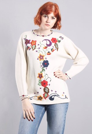 VINTAGE 90S FLORAL EMBROIDERED JUMPER IN CREAM