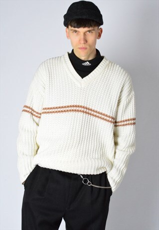 VINTAGE 90S CREAM WHITE STRIPED V-NECK JUMPER