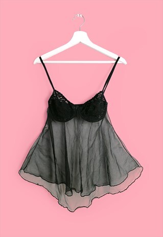 VINTAGE 90'S SHEER CAMI LACE AND TULLE BRA BABYDOLL BLACK