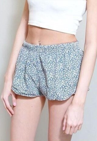 VINTAGE 1990'S CUTE BLUE DITSY FLORAL PRINT TRACK SHORTS