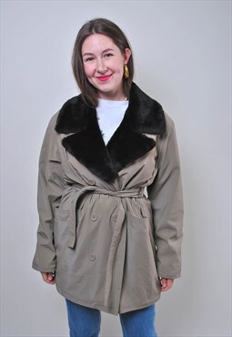80s faux fur coat, vintage trench coat, minimalist grey belt