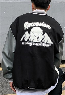 Black faux leather Embroidered Baseball Oversized jacket Y2k