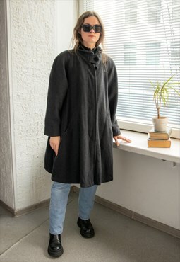 Vintage 80's Grey Wool Velvet Trim Coat