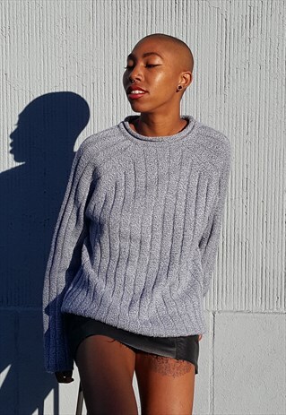 90S MINIMALIST BLUE ROLL NECK RIB KNIT SWEATER LARGE