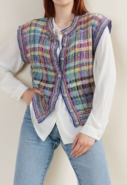 Vintage 90s Roundneck Rainbow Knit Women Check Vest S