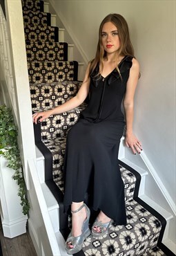 70's Vintage Satin Back Crepe Black Bias Maxi Dress